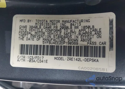 2013 Toyota Corolla S from USA, damaged, VIN 5YFBU4EE2DP190369